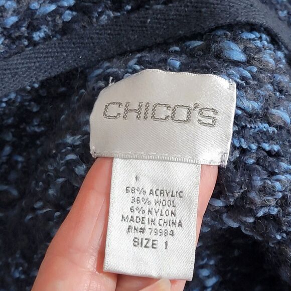 Chicos Cardigan Sweater Vest 1 Womens Medium Blue Black Wool Blend Knit Tunic - Picture 10 of 11